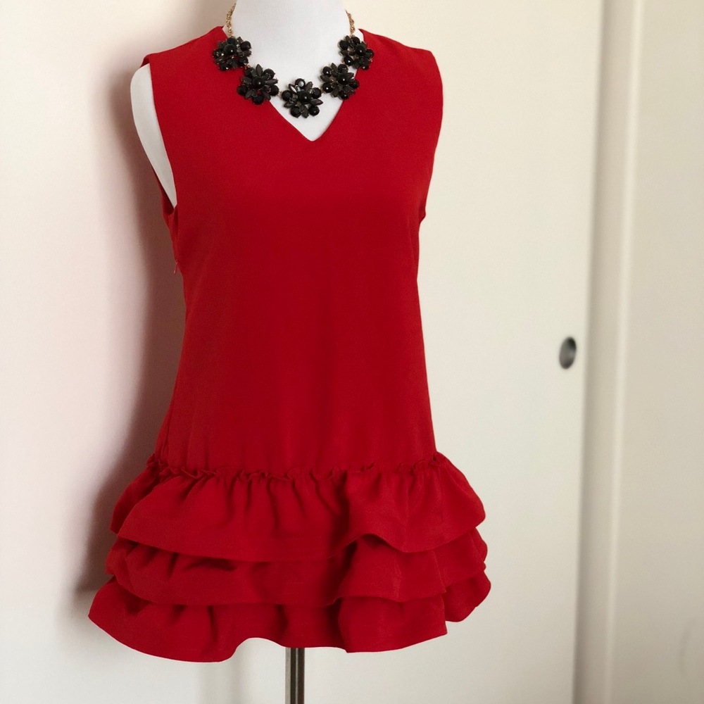 V neck drop waist ruffle layered peplum tunic